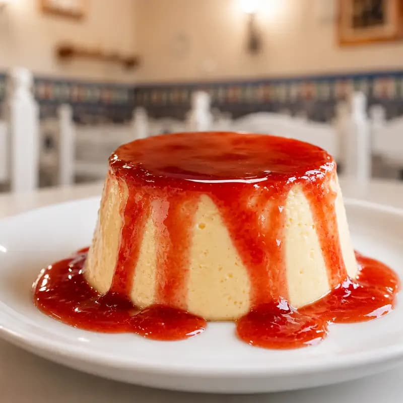 Flan de queso con sirope de fresa